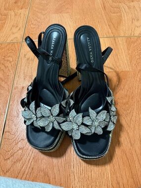 Azalea Wang Black Slingback Heels with Rhinestone Floral Trim